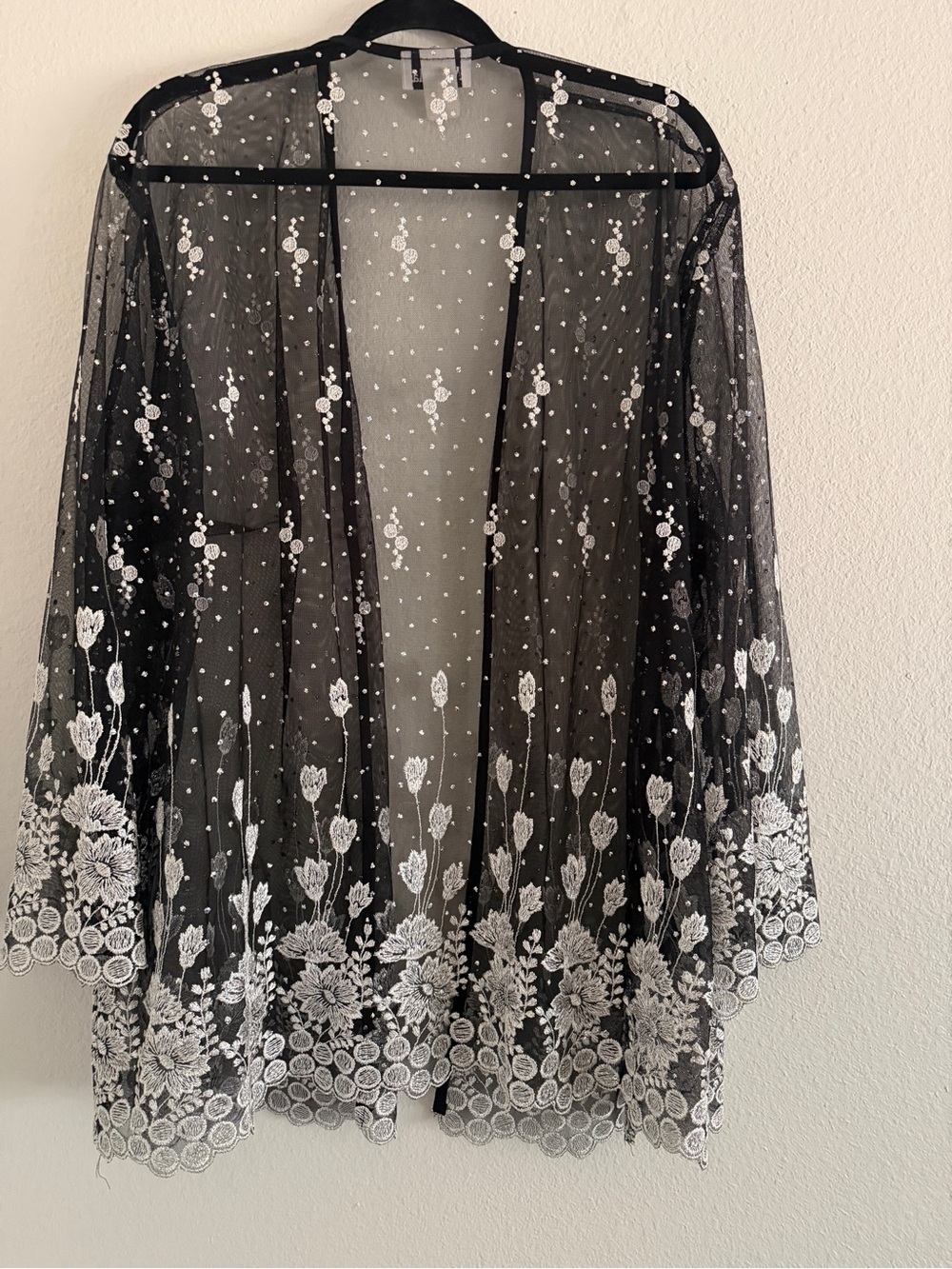 Vintage MaxiMa Black Sheer Embroidered Floral Kimono Jacket Silver Whimsigoth